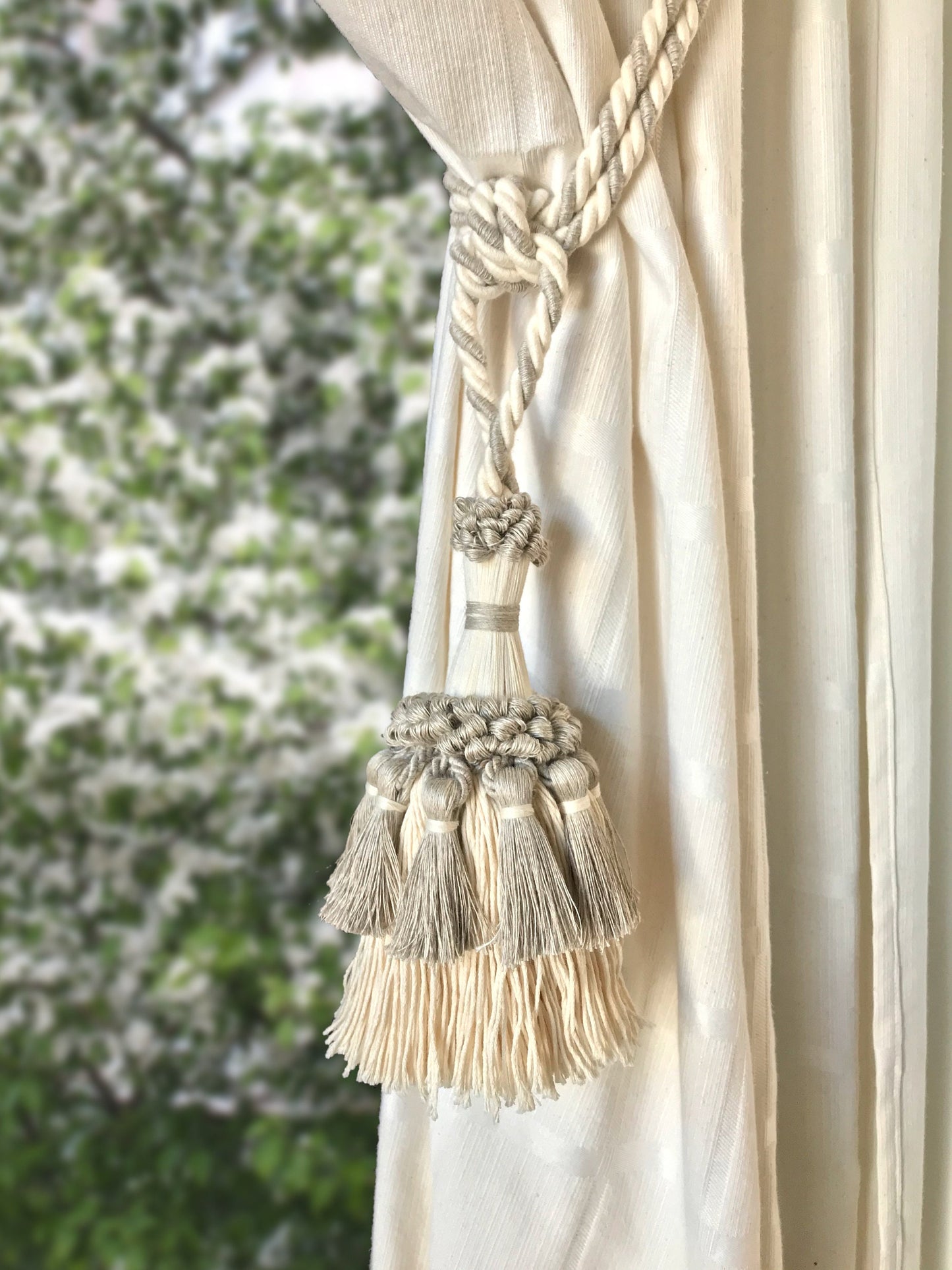 Superb large embrasse in natural linen and cotton, decoration for curtains drapes drapery made in Italy