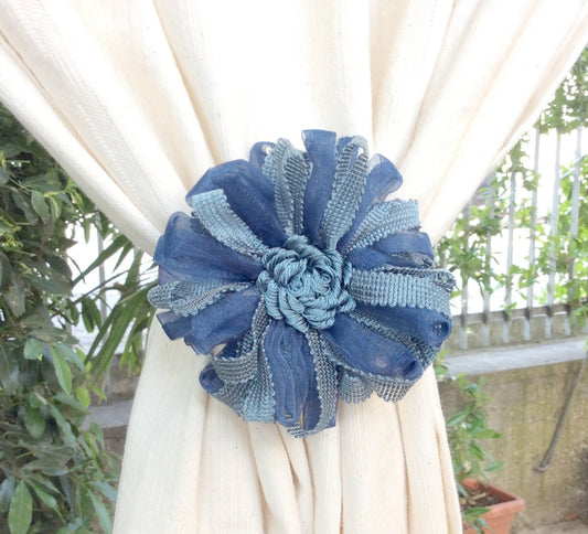 1 magnetic curtain tieback with blue flower design. Curtain decoration made in Italy nautical vintage decor gift for her