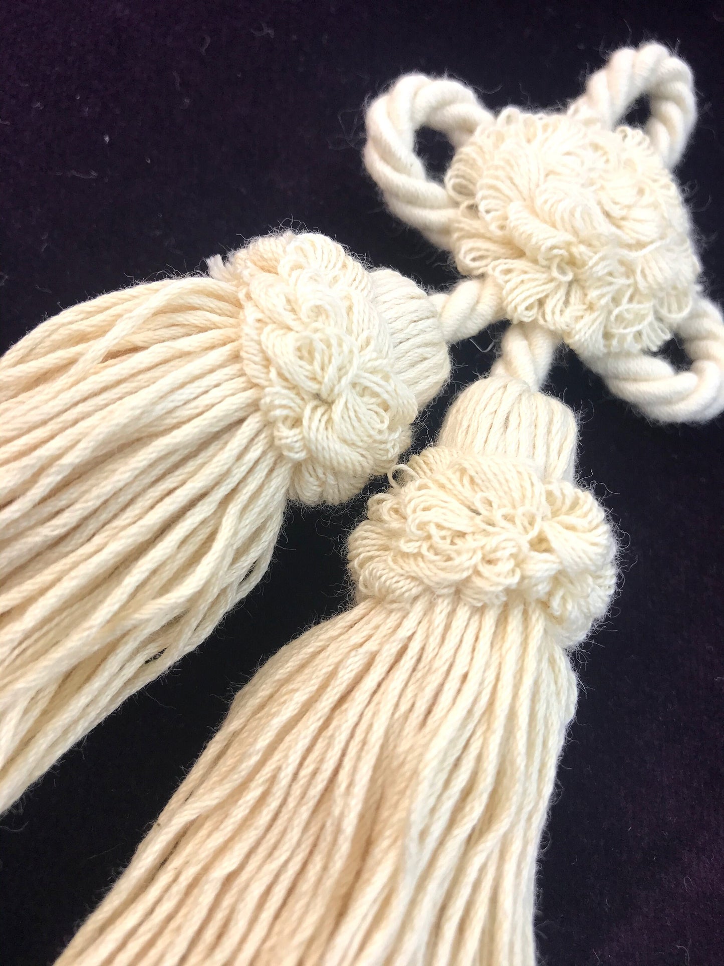 Rosette with cotton tassel bow. Decoration for cushion, sofa, curtain, bags, clothes. Handmade made in Italy