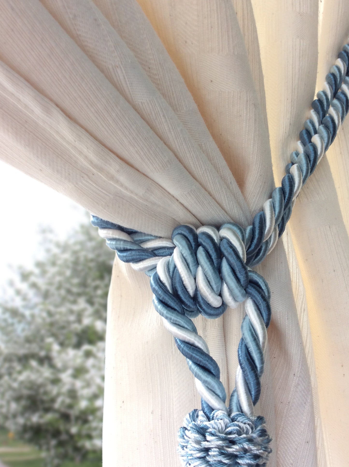 Curtain Tiebacks with Large 20cm Tassel - Light Blue Blue White | Made in Florence
