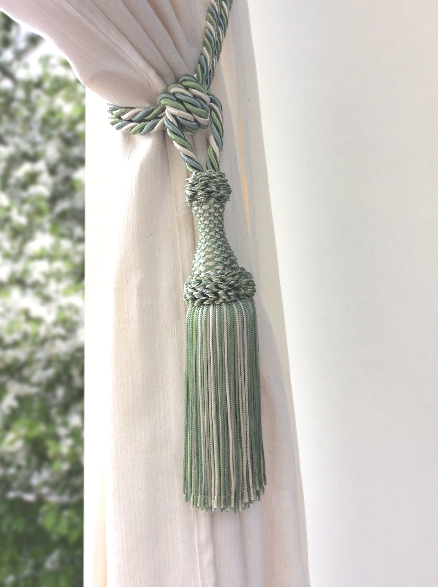 Superb large tie-back in a mix of light blue, blue, and white luxury decoration for curtains drapes drapery made in Italy