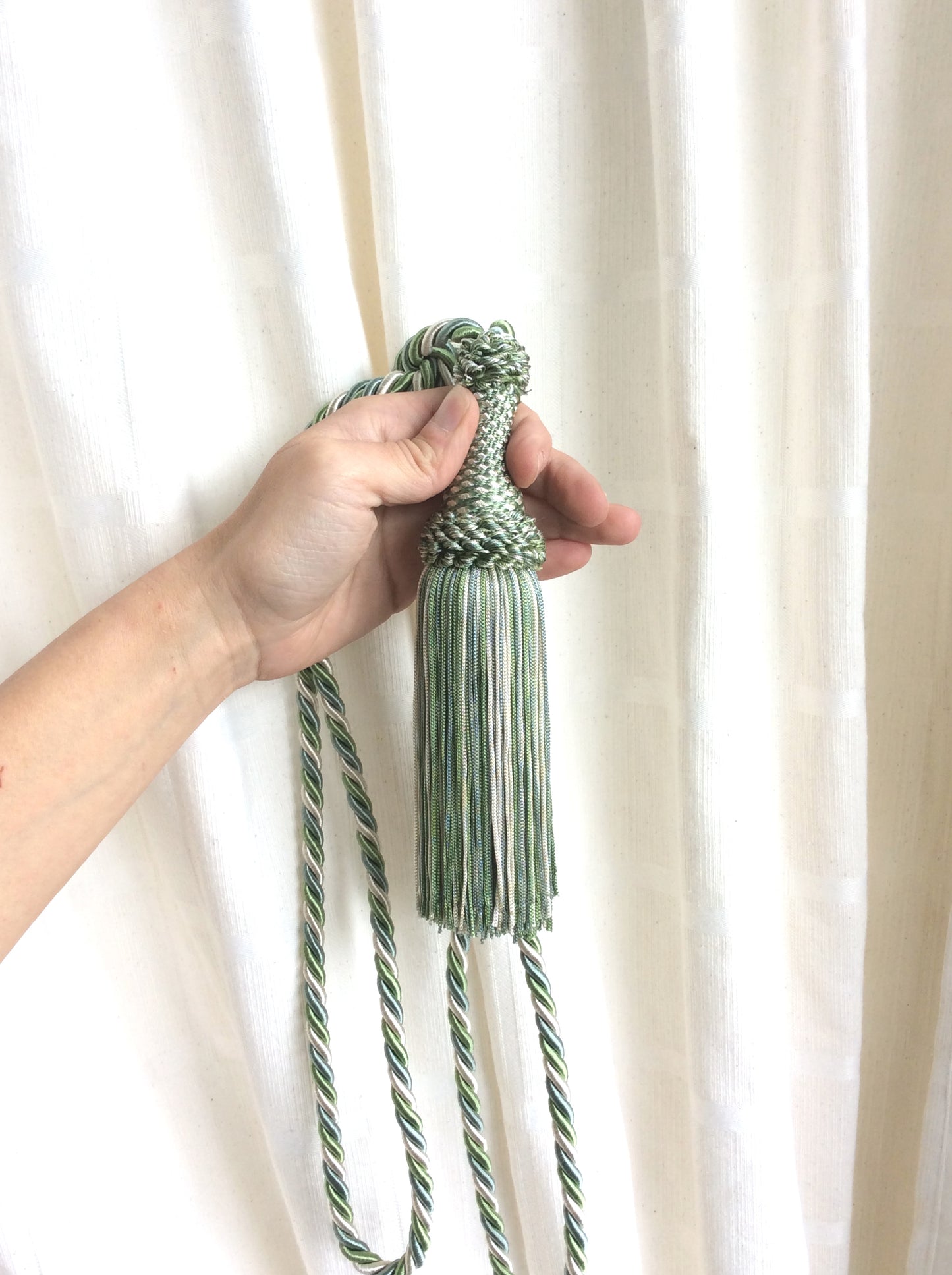 Superb large tie-back in a mix of light blue, blue, and white luxury decoration for curtains drapes drapery made in Italy
