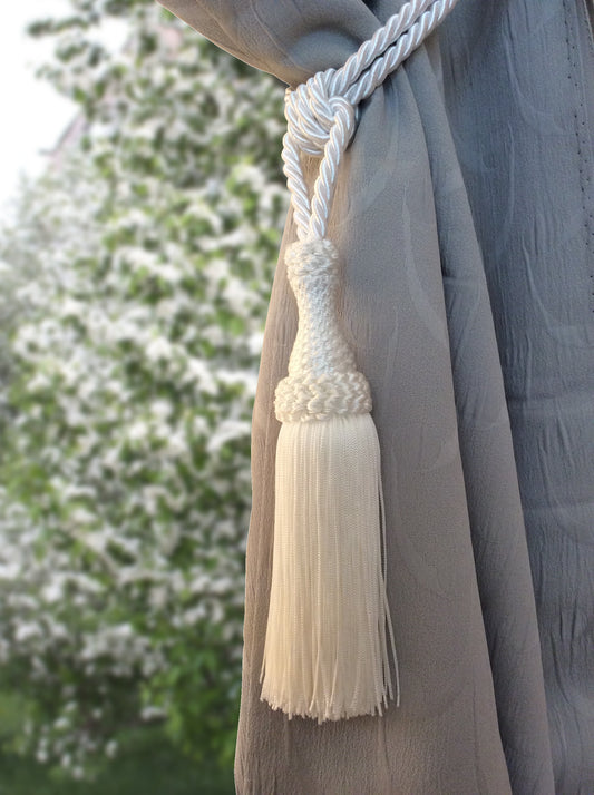 Superb large tie-back in a mix of light blue, blue, and white luxury decoration for curtains drapes drapery made in Italy