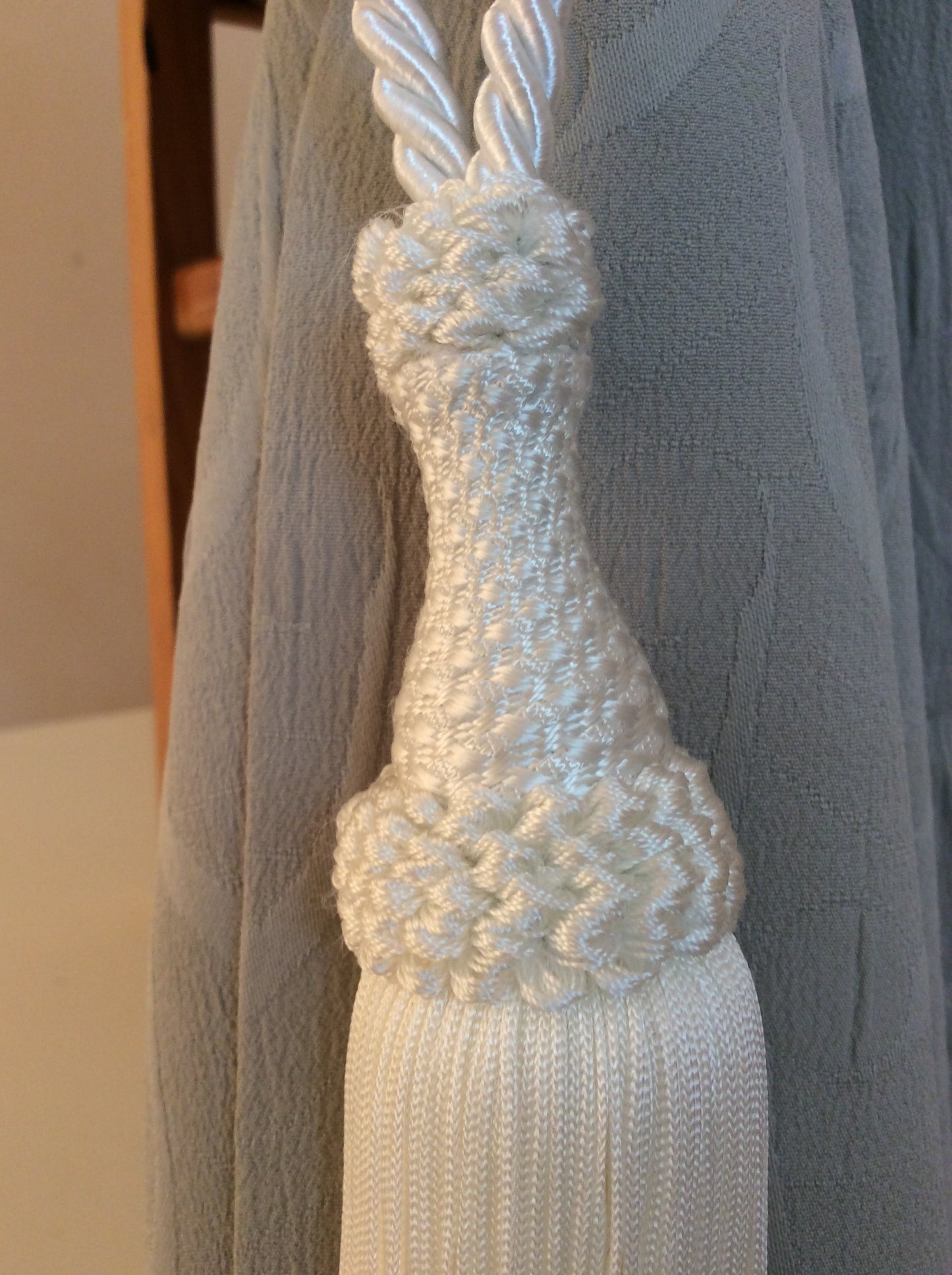 Superb large tie-back in a mix of light blue, blue, and white luxury decoration for curtains drapes drapery made in Italy