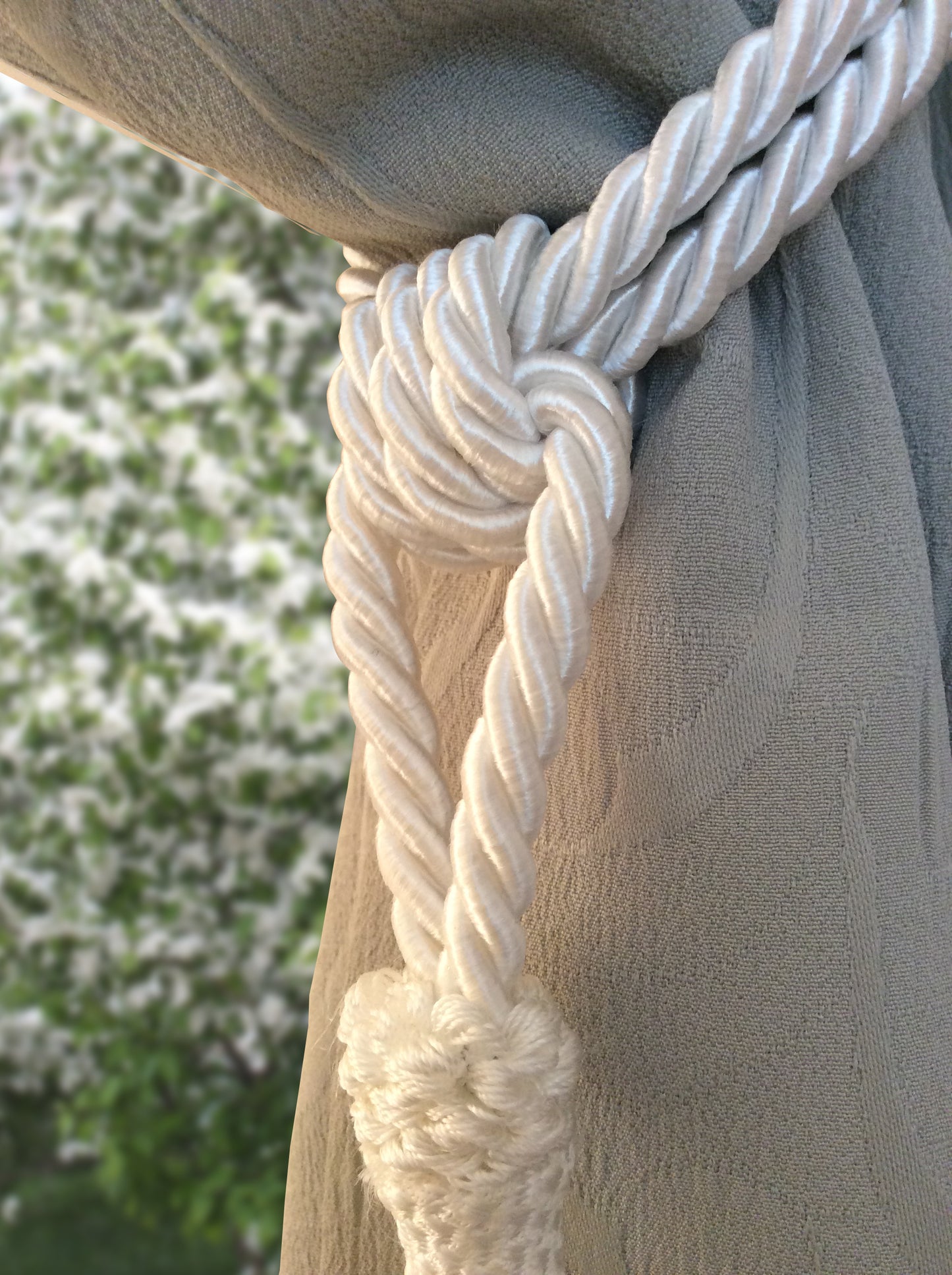 Superb large tie-back in a mix of light blue, blue, and white luxury decoration for curtains drapes drapery made in Italy