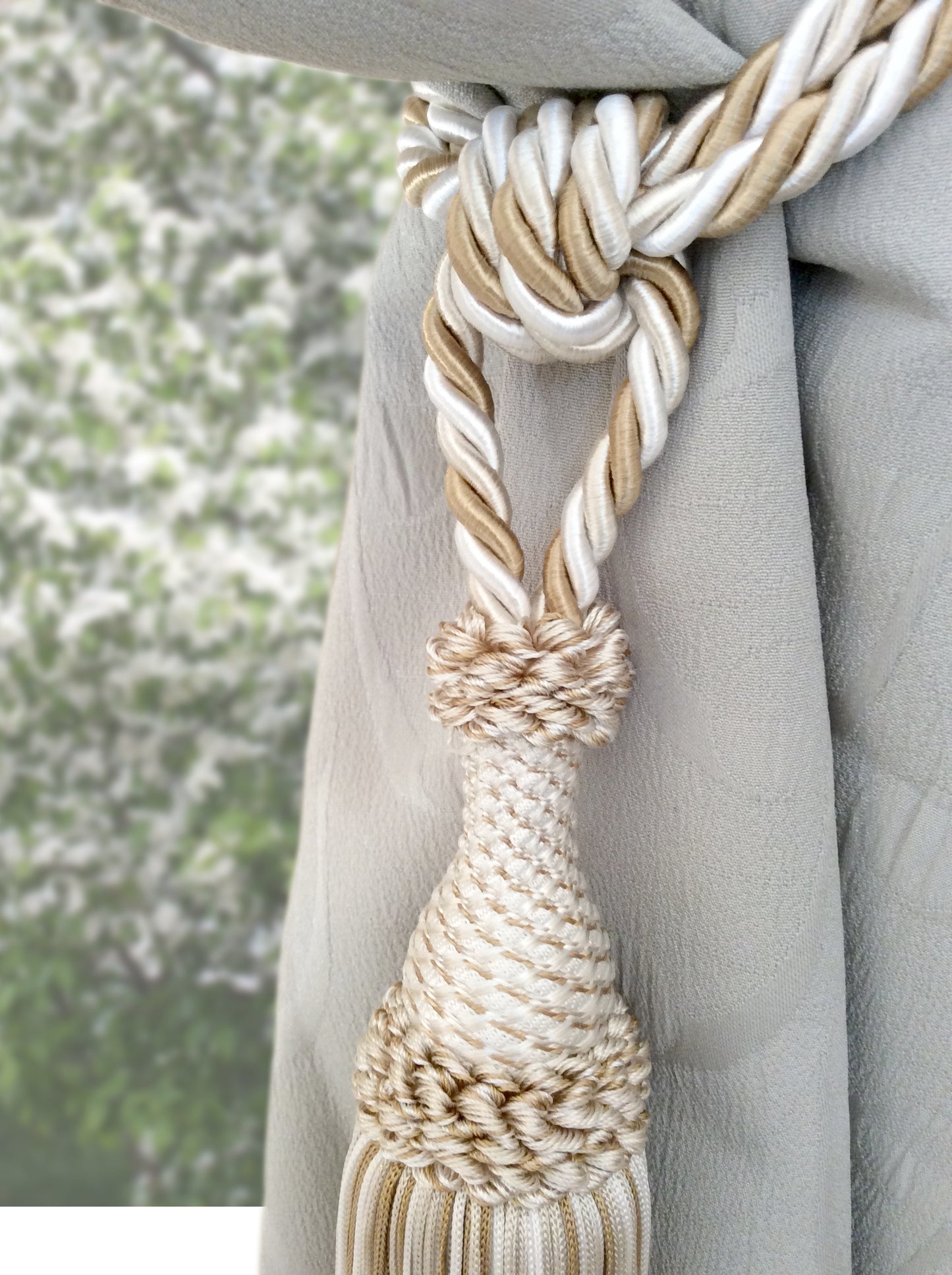 Superb large tie-back in a mix of light blue, blue, and white luxury decoration for curtains drapes drapery made in Italy