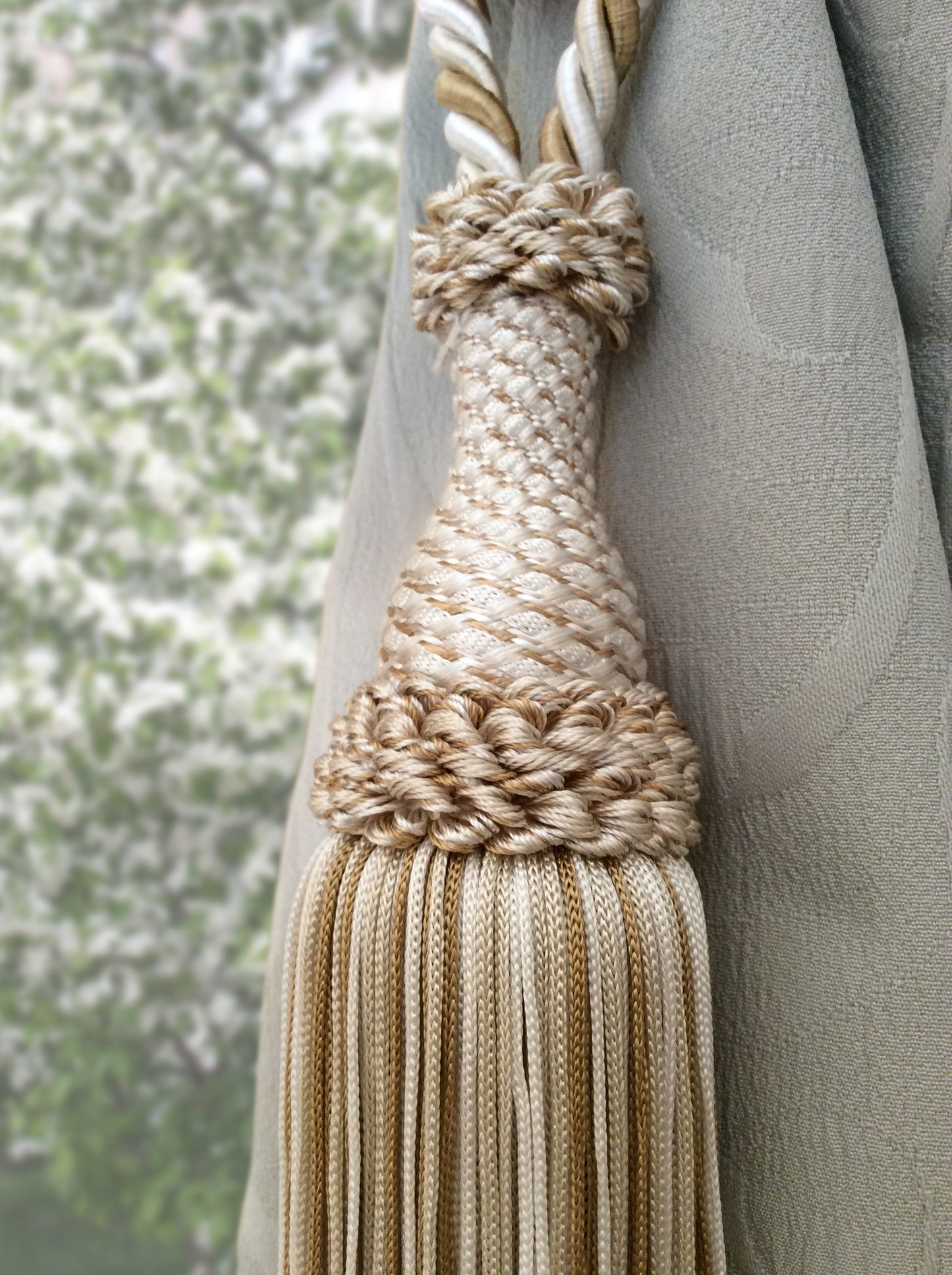 Superb large tie-back in a mix of light blue, blue, and white luxury decoration for curtains drapes drapery made in Italy