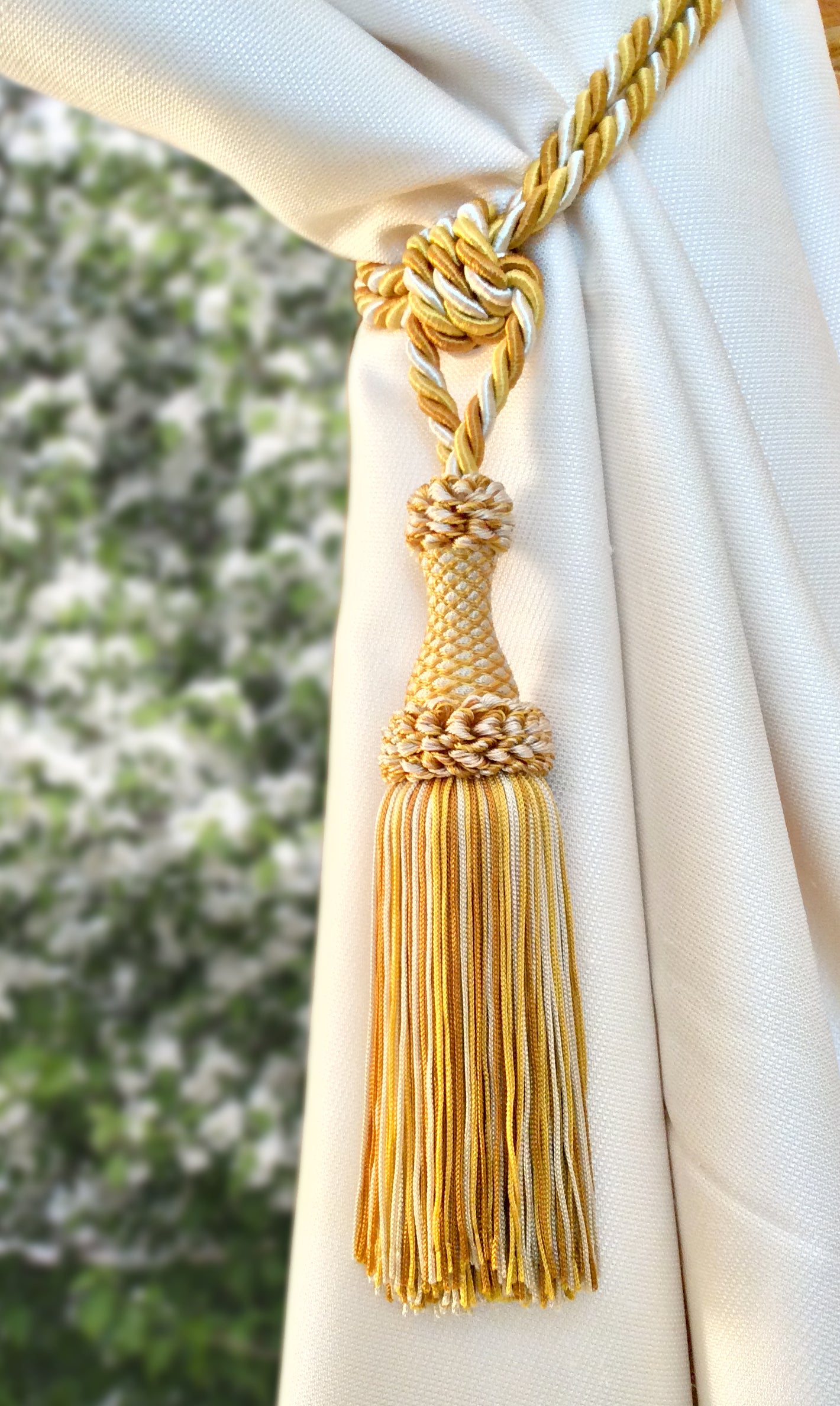 Superb large tie-back in a mix of light blue, blue, and white luxury decoration for curtains drapes drapery made in Italy