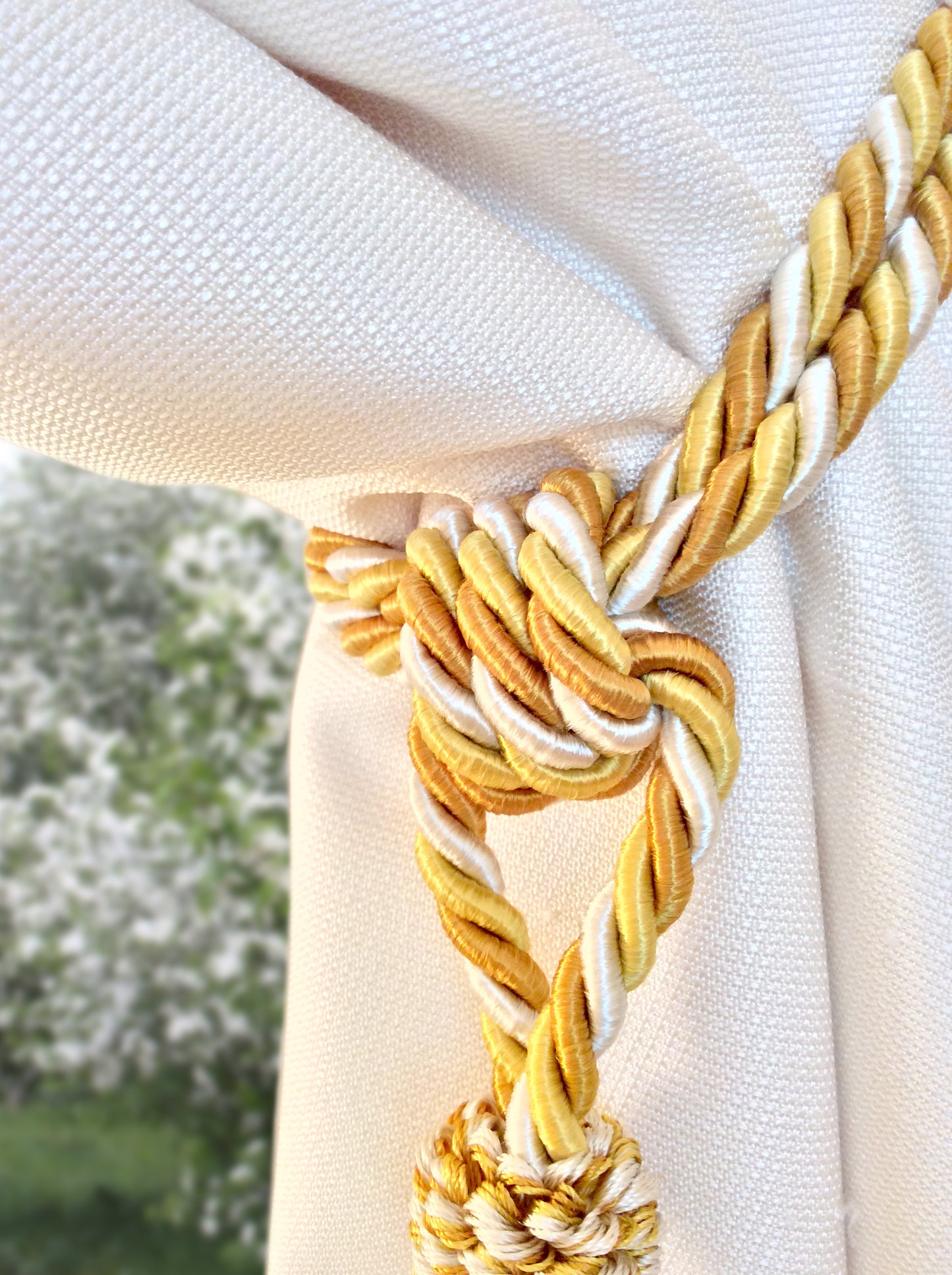 Superb large tie-back in a mix of light blue, blue, and white luxury decoration for curtains drapes drapery made in Italy