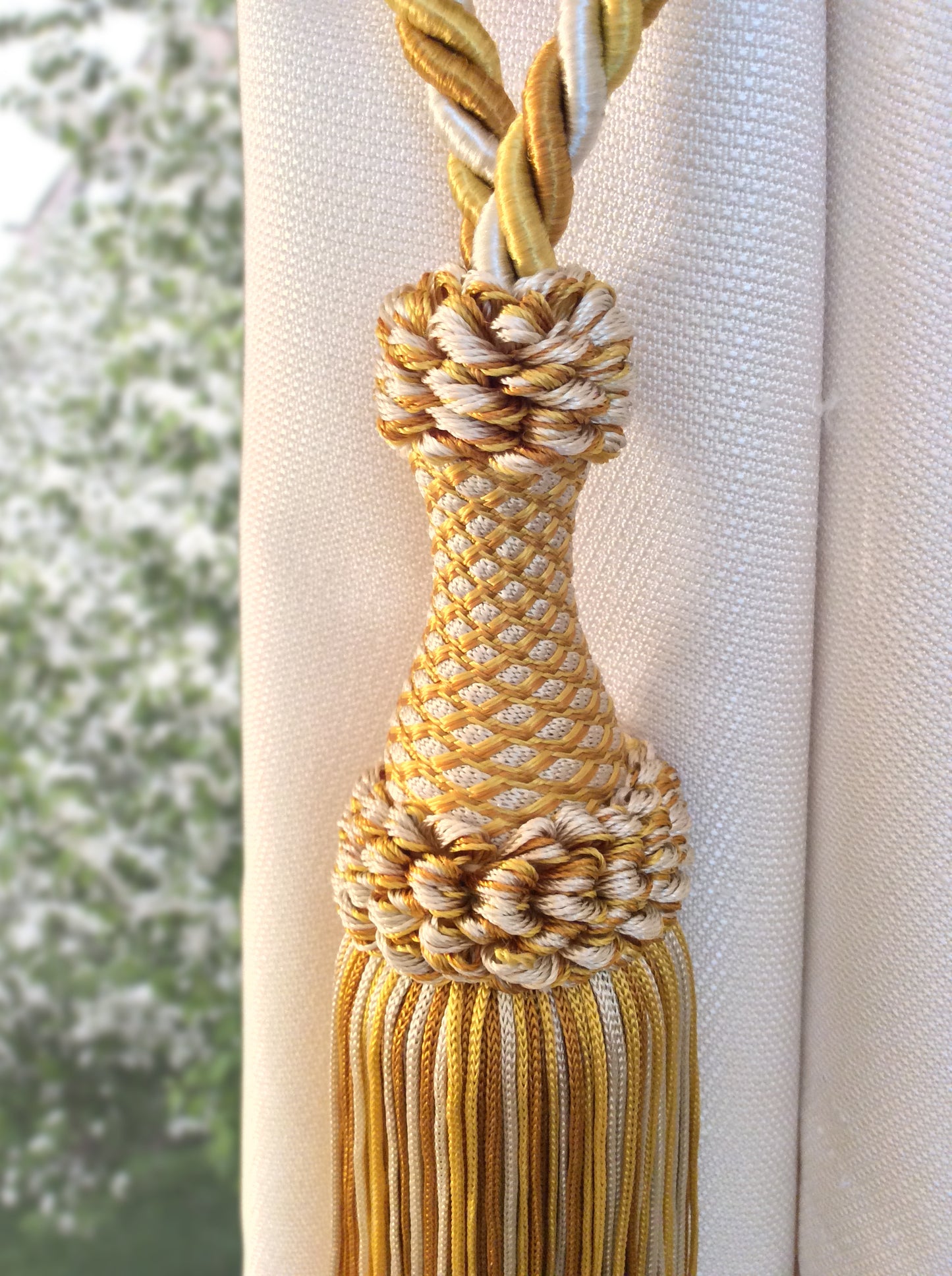 Superb large tie-back in a mix of light blue, blue, and white luxury decoration for curtains drapes drapery made in Italy