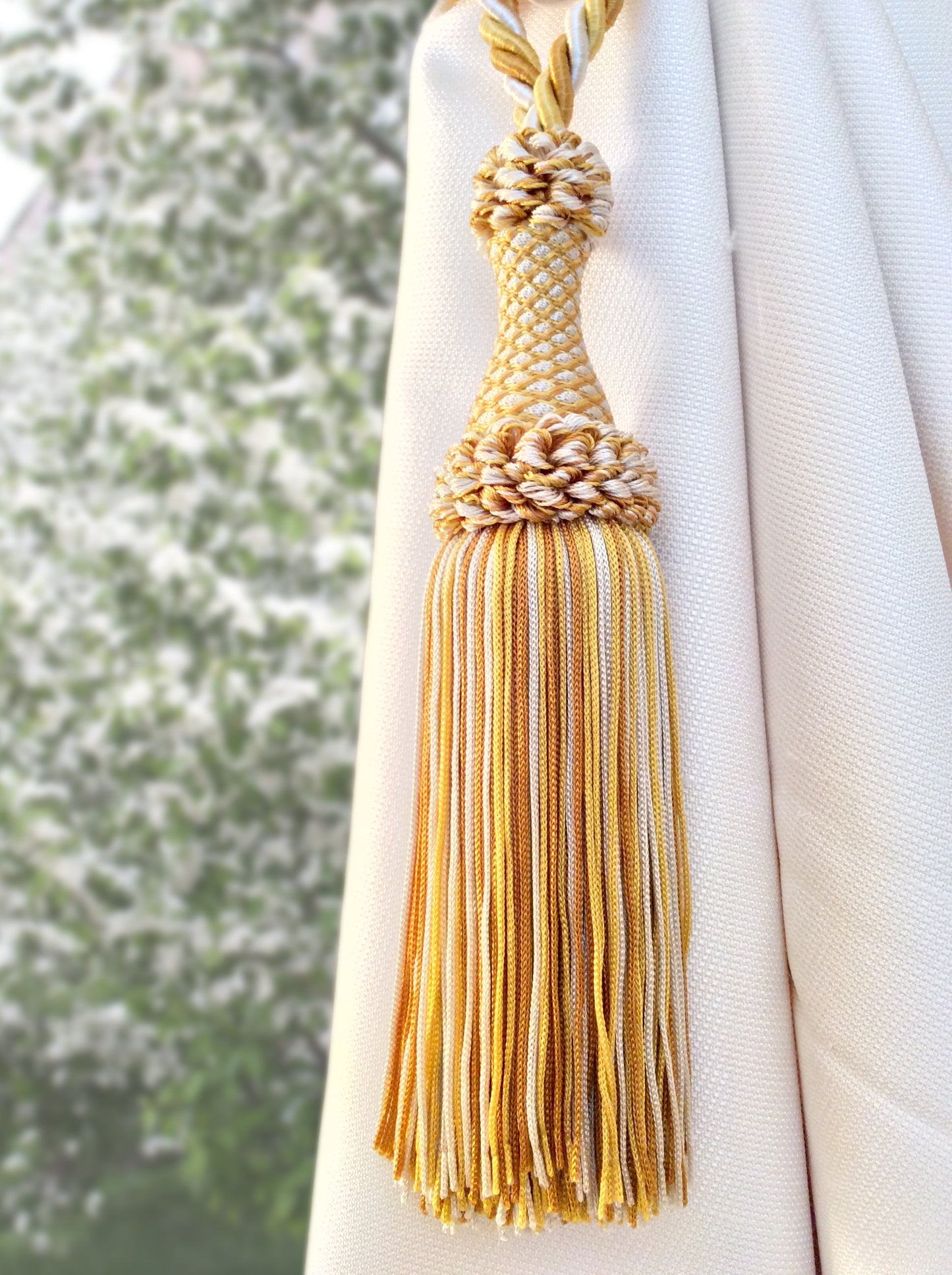 Superb large tie-back in a mix of light blue, blue, and white luxury decoration for curtains drapes drapery made in Italy