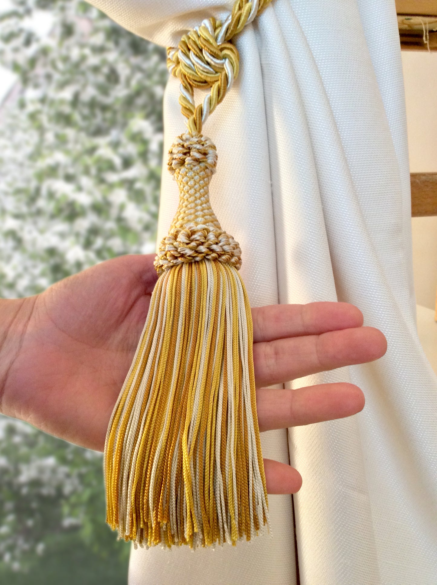 Superb large tie-back in a mix of light blue, blue, and white luxury decoration for curtains drapes drapery made in Italy