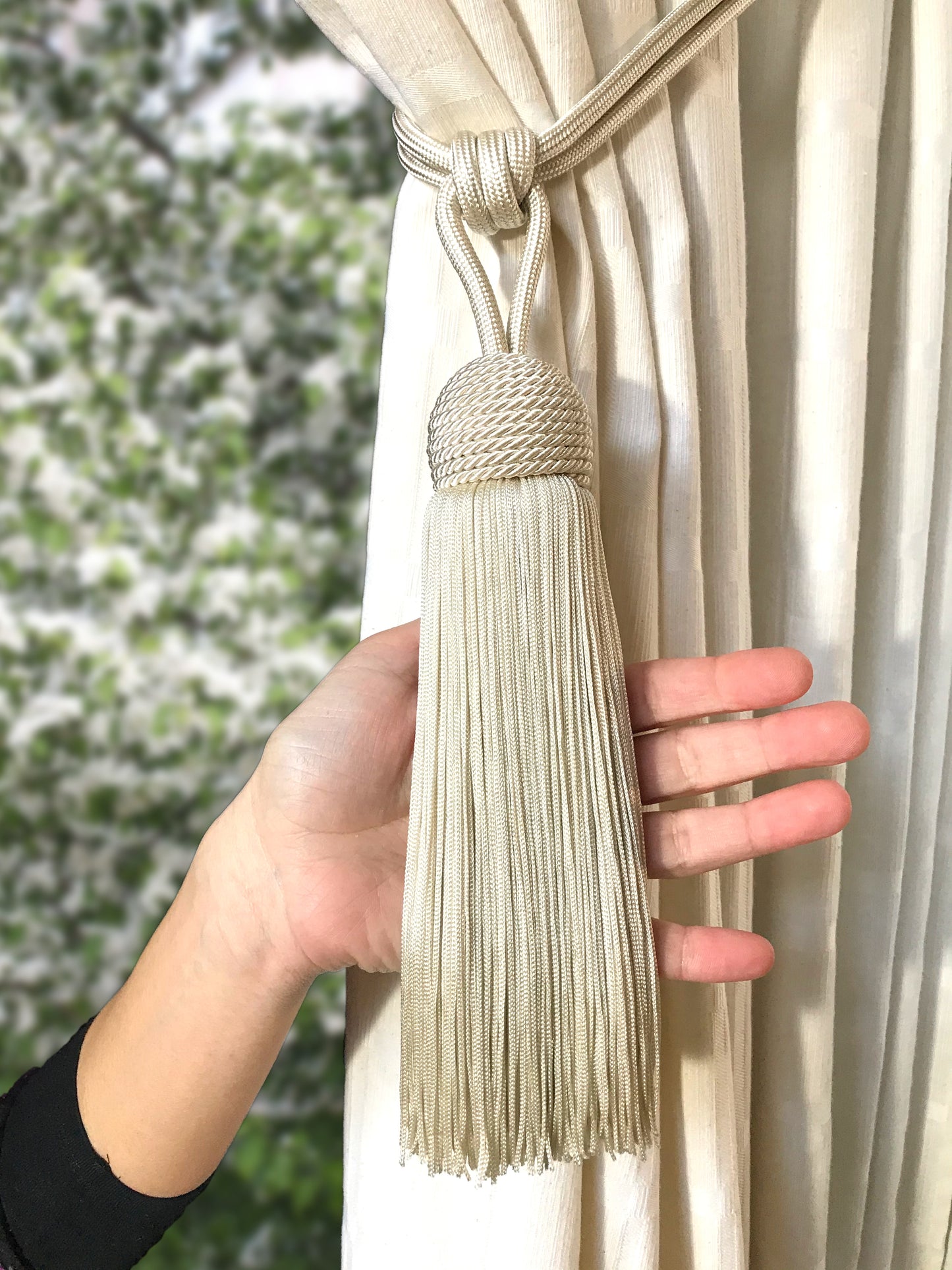 Large luxury grey embrasse decoration with big and long tassel for curtains drapery drape made in Italy