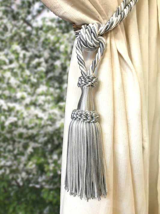 Curtain Tiebacks with 15cm Tassels - Grey and White | Made in Florence