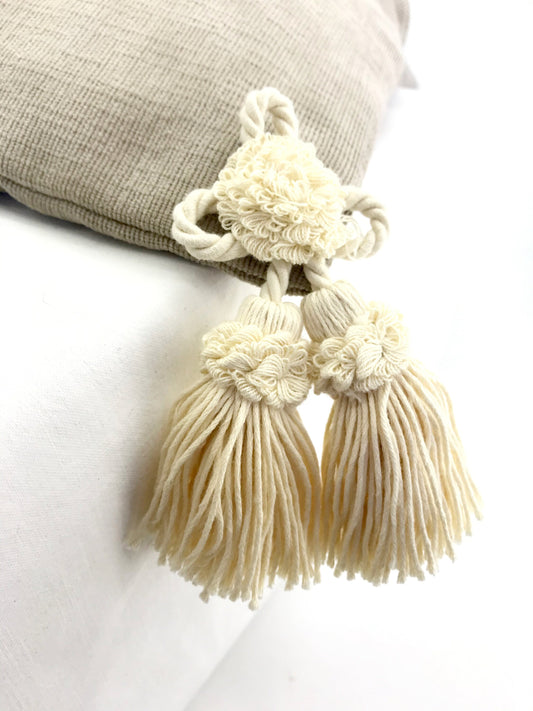 Rosette with cotton tassel bow. Decoration for cushion, sofa, curtain, bags, clothes. Handmade made in Italy