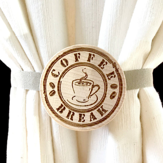 Curtain magnet. Made of solid beech wood with "Coffee break" decoration. Original handmade gift for all those who love to decorate their home.