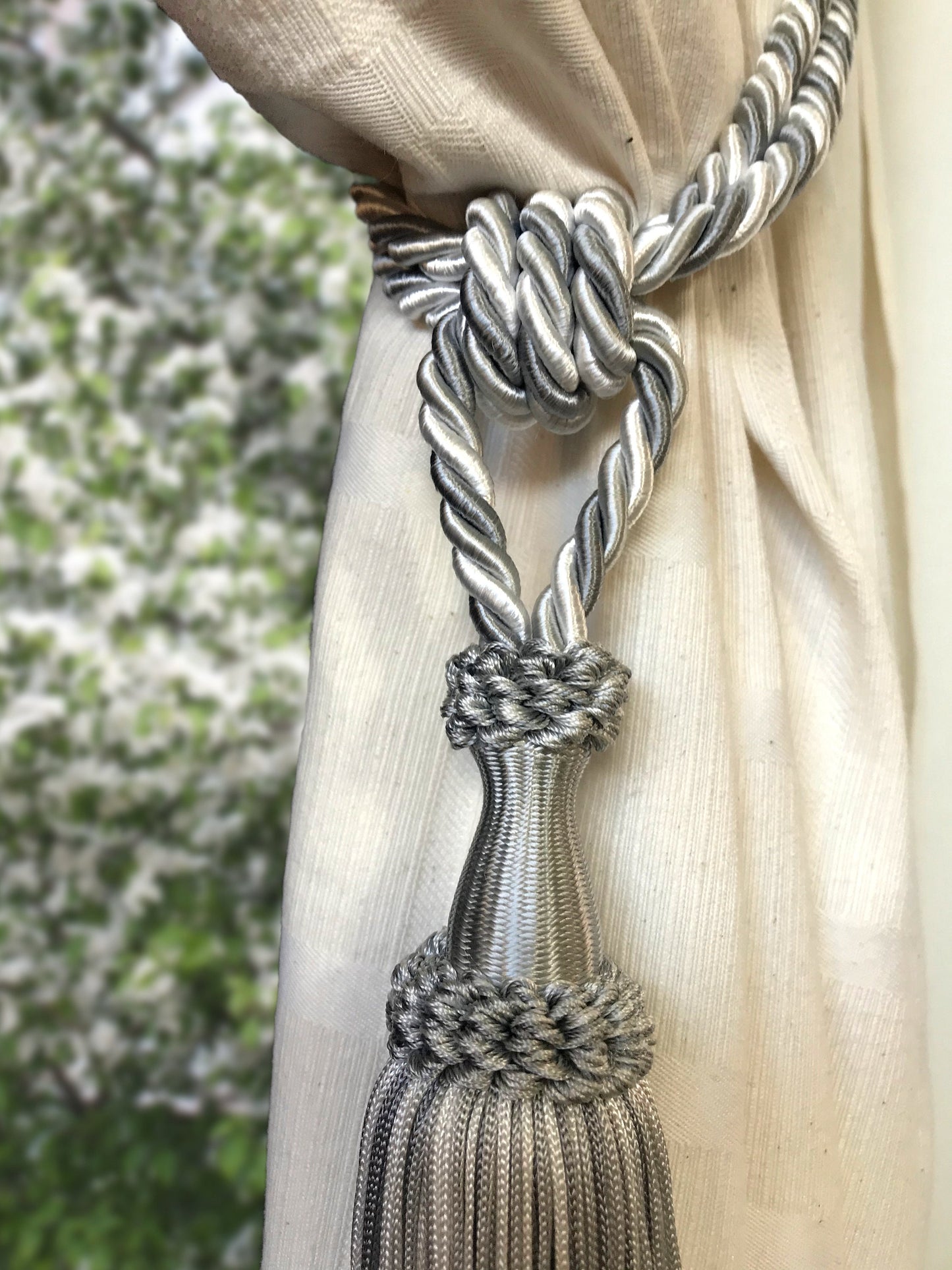 Curtain Tiebacks with 15cm Tassels - Grey and White | Made in Florence