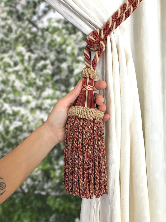 Large luxury vermillion red and bronze curtain tieback for drapes drapery made in Italy