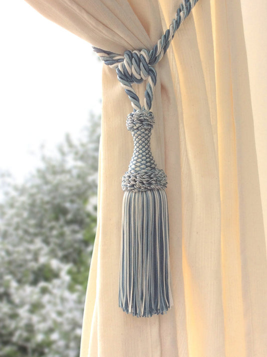 Curtain Tiebacks with Large 20cm Tassel - Light Blue Blue White | Made in Florence