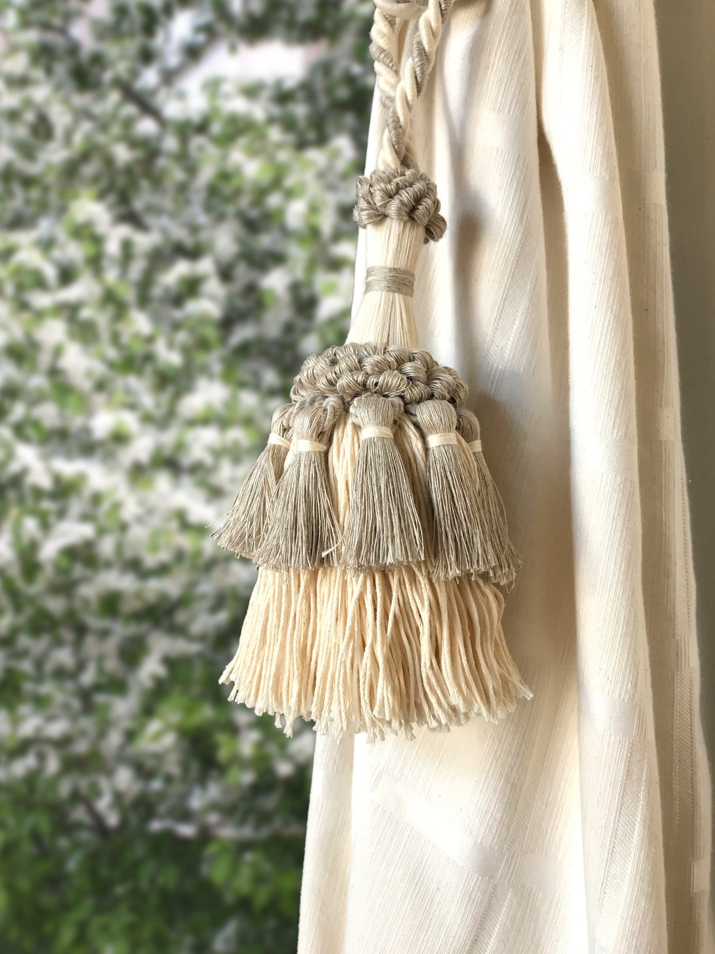 Superb large embrasse in natural linen and cotton, decoration for curtains drapes drapery made in Italy