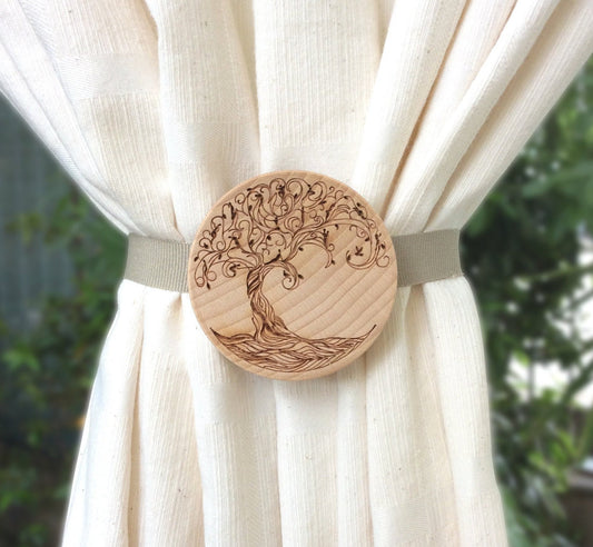 Curtain magnet. Made of solid beech wood with an engraved tree decoration. Original handmade gift for all those who love home decor.